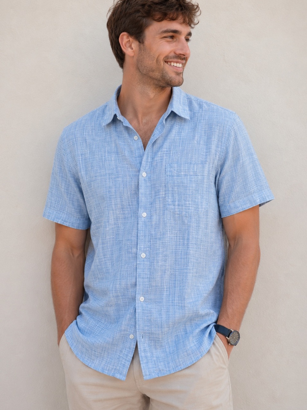 Perry Ellis 100% Linen Short Sleeve Button-Up Shirt Men’s Large Light Blue